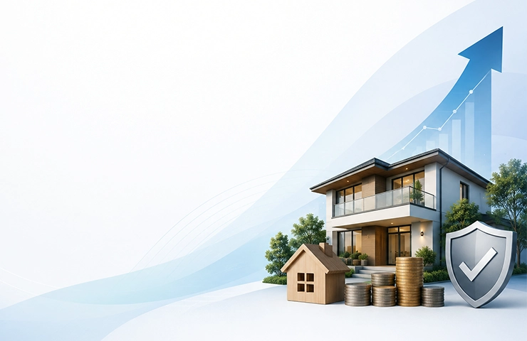 Illustration of a house, stacked coins and a rising growth arrow representing secured business lending